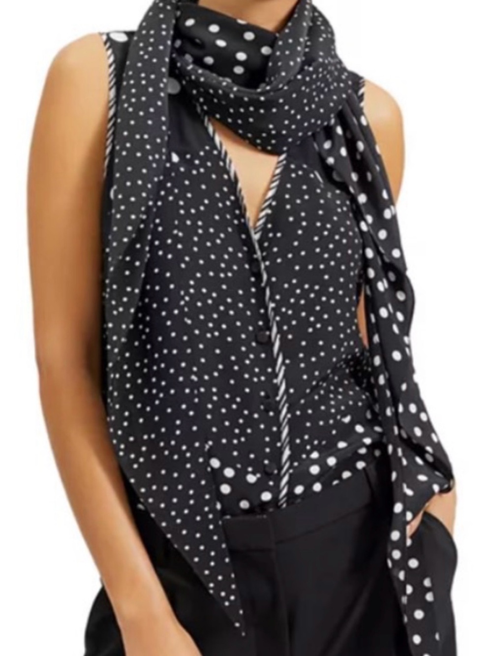 Barbara Bui Black and White Polka Dot Blouse Scarf button up silk blend size 38
